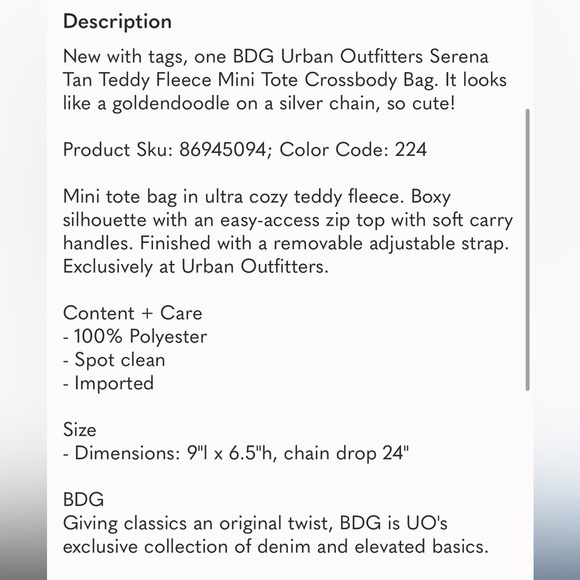 Urban Outfitters Serena Teddy Faux Fur Mini Tote Crossbody Bag with Chain Tan - Picture 14 of 14